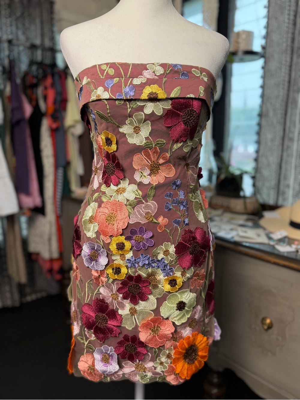 Embroidered Strapless Mini Dress in Rust Multi